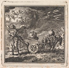 Heart on a chariot pulled in opposite directions by an angel and a donkey, Jan Luyken, wed. Pieter