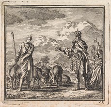 Pig farmer refuses the crown that he is offered by a king, Jan Luyken, wed. Pieter Arentsz &
