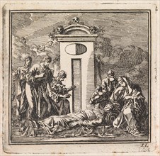 Six people mourn a dead person, Jan Luyken, wed. Pieter Arentsz & Cornelis van der Sys (II), 1710