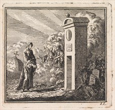 Man before the gate of the dead world, print maker: Jan Luyken, wed. Pieter Arentsz & Cornelis van