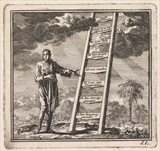 Man points to a ladder reaching to heaven, Jan Luyken, wed. Pieter Arentsz & Cornelis van der Sys