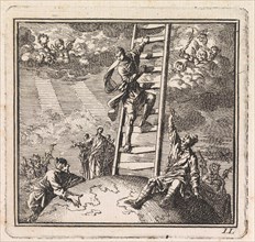 Man climbs on a ladder to heaven, Jan Luyken, wed. Pieter Arentsz & Cornelis van der Sys (II), 1710
