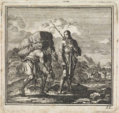 Stooping and chained man is led by the soul, print maker: Jan Luyken, wed. Pieter Arentsz &
