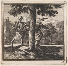 Father Time keeps death from chopping down a tree, Jan Luyken, wed. Pieter Arentsz & Cornelis van