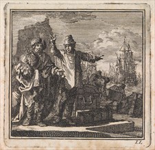 Conversation in a harbour between a man with a globe in his hands and a poorly dressed man with