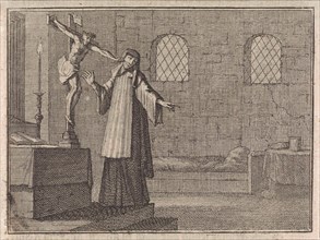 Crucifix pricks a nail in the cheek of a fleeing nun, Caspar Luyken, Christoph Weigel, Frantz