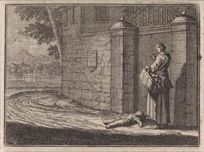 Fruit Vendor lays her dead child before the castle of Lille, France, print maker: Caspar Luyken,