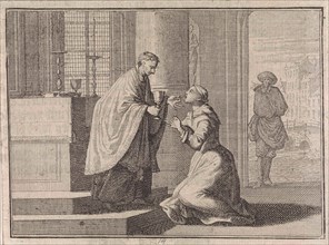 Priest gives a host to a woman kneeling before the altar, Caspar Luyken, Christoph Weigel, Frantz