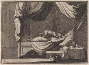 Sleeping heretic is attacked by a cat, Caspar Luyken, Christoph Weigel, Frantz Martin Hertzen, 1710