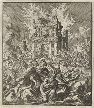 Romans kill the Jews, while the Temple burns, print maker: Jan Luyken, Jan Rieuwertsz. II, Barent