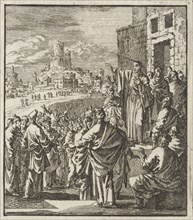 Peter preaches on doorstep of a home, Jan Luyken, Jan Rieuwertsz. II, Barent Visscher, 1706