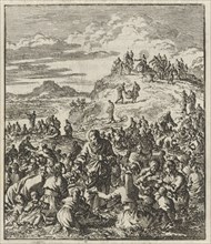 Apostles give bread to the crowd, Christ on a mountain top, Jan Luyken, Jan Rieuwertsz. II, Barent