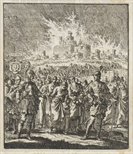 Israelites leave Jerusalem, which is burning, print maker: Jan Luyken, Jan Rieuwertsz. II, Barent