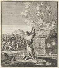 Elia kneels in front of the burning sacrifice, Jan Luyken, Jan Rieuwertsz. (II), Barent Visscher,