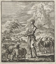 Moses with his shepherd's staff under the arm is in the midst of his flock in the wilderness of
