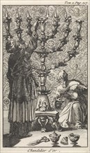Golden Menorah, candelabrum, print maker: Jan Luyken, Pieter Mortier, 1705