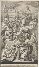 Allegorical female figure describes a panel in the clouds, Jan Luyken, Pieter Mortier, 1705
