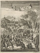 Indian woman with her deceased husband burned, Jan Luyken, Jan Claesz ten Hoorn, 1681