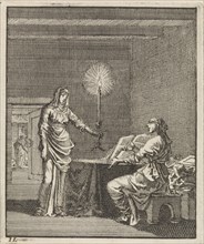 Woman reading in a dark room with a candle, Jan Luyken, wed. Pieter Arentsz II, Cornelis van der
