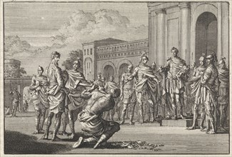 Josephus freed by Vespasian, print maker: Jan Luyken, Pieter Mortier, 1704