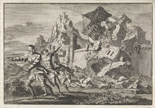 Roman soldiers make a tower on the wall of Gamala collapse by undermining it, Jan Luyken, Pieter