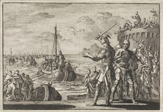 Josephus orders Klitus to cut off his left hand, print maker: Jan Luyken, Pieter Mortier, 1704