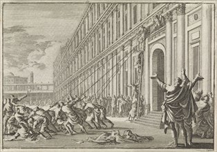 The golden eagle of Herod is torn off the temple by people with ropes, print maker: Jan Luyken,