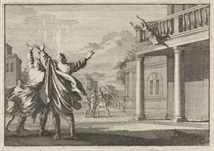 Widow of Pheroras trying to commit suicide by leaping down to the street, Jan Luyken, Pieter
