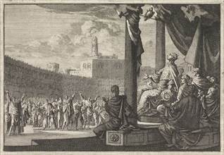 King Agrippa sees an owl above his throne, print maker: Jan Luyken, Pieter Mortier, 1704