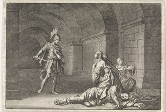 Caesonia and her daughter slain by Lupus, Jan Luyken, Pieter Mortier, 1704