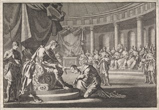 Archelaus, son of Herod, kneels before Caesar Augustus in Rome, Jan Luyken, Pieter Mortier, 1704