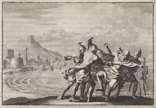Malichus killed on the beach by four soldiers, Jan Luyken, Pieter Mortier, 1704