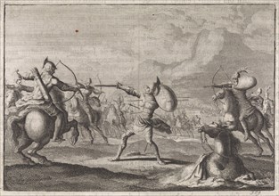 Demetrius Seleucus defends himself against shooting horsemen, Jan Luyken, Pieter Mortier, 1704