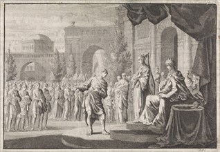 Hyrkanus before the throne of Ptolemy Philadelphus, Jan Luyken, Pieter Mortier, 1704