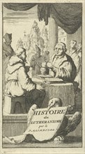 Discussion between Luther and a monk, Jan Luyken, 1681