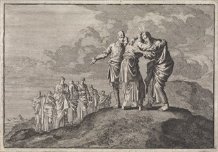 Moses says goodbye to Eleazar and Joshua, Jan Luyken, Pieter Mortier, 1704