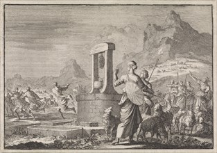 Daughters of Reuel at the well, Jan Luyken, Pieter Mortier, 1704