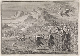 Moses dispels the snakes by releasing ibises, Jan Luyken, Pieter Mortier, 1704