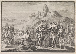 Joseph's brothers sold to traders, Jan Luyken, Pieter Mortier, 1704