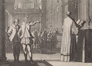 Young man pointing to a priest at the altar, Caspar Luyken, Christoph Weigel, 1704