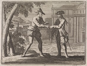 Devil handing a piece of string to a nobleman who has become poor, Caspar Luyken, Christoph Weigel,