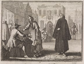 Francis a Jesu sells fruit on a market, Caspar Luyken, Christoph Weigel, 1704