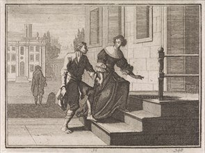 Wealthy woman leading a beggar up the doorstep of her home, Caspar Luyken, Christoph Weigel, 1704