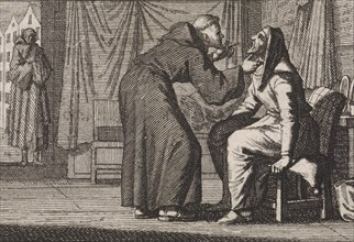 Monk looks into the gaping mouth of an old woman, Caspar Luyken, Christoph Weigel, 1704