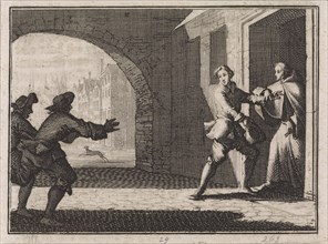 Two men trying to prevent a boy from joining the monastery, Caspar Luyken, Christoph Weigel, 1704