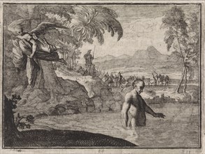 Angel flies away with the clothing of a bathing king, Caspar Luyken, Christoph Weigel, 1704