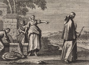 James, Bishop of Nische, taunted by three girls, Caspar Luyken, Christoph Weigel, 1704