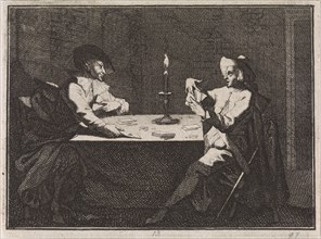 Card game between a young man and the devil, Caspar Luyken, Christoph Weigel, 1704