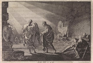 Peter liberated by the angel from prison, Jan Luyken, Pieter Mortier, 1703 - 1762