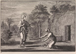 Christ appears to Mary Magdalene, print maker: Jan Luyken, Pieter Mortier, 1703